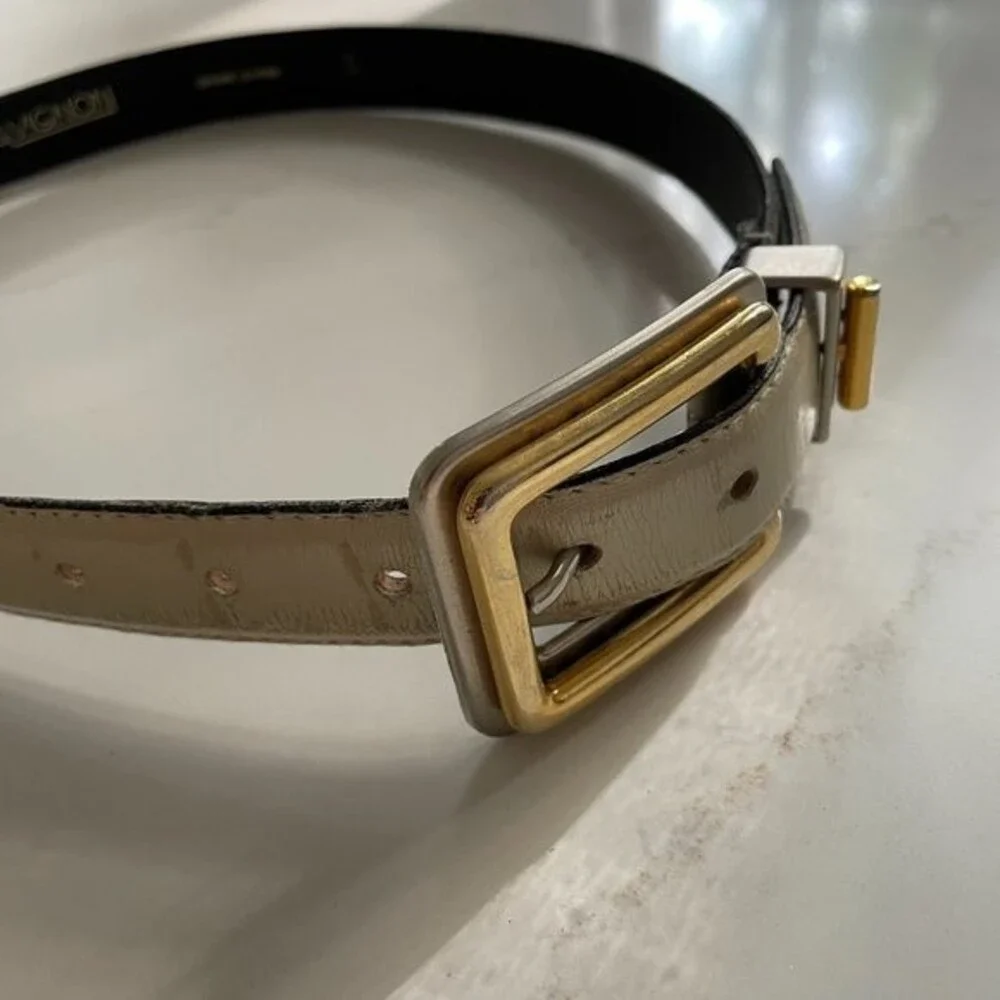 Vintage Creamy Metallic Leather Belt Mixed Metals Gold Silver Buckle - Small
